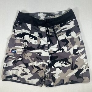 Pelagic Mens Fish Camo Board Shorts Swim Trunks Size 34 Black Gray‎ Beige Surf